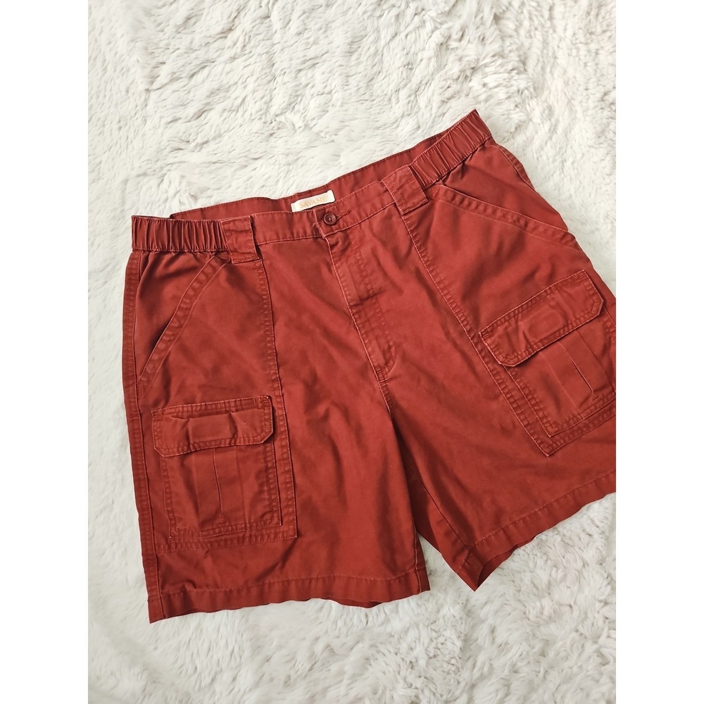 Savane Men's Cargo Shorts Size 38 Deep Red Cotton Blend Elastic Waist Casual